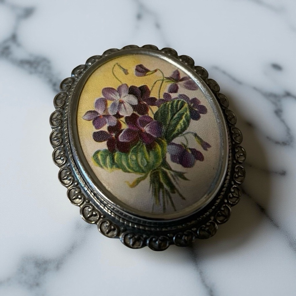 Vintage 1950s TLM England Floral Oval Brooch Pin